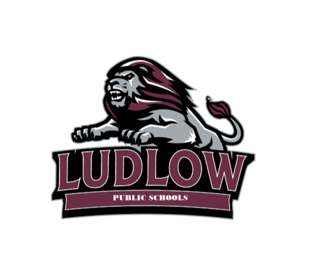 A logo for Ludlow Public Schools featuring a crouching lion in maroon and gray tones.